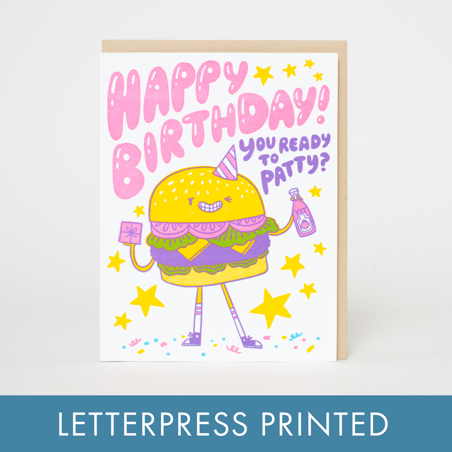 Birthday Burger Punny Letterpress Greeting Card by Hello!Lucky: Plastic sleeve