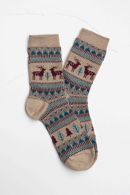 Holiday Deer Casual Socks: Beige