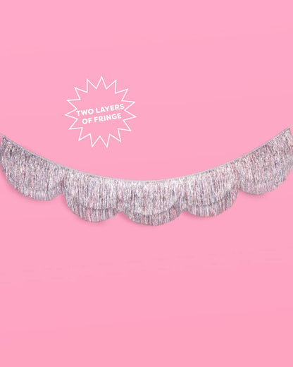 Silver Iridescent Scalloped Fringe Banner | 6 ft party decor