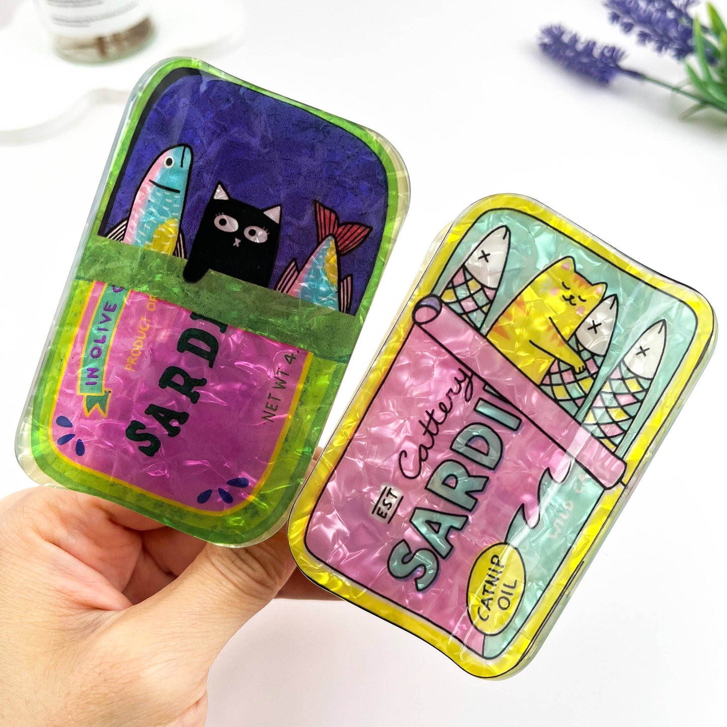 Cat Sardine Tin Print Claw Clip Cute Novelty Style: Pink