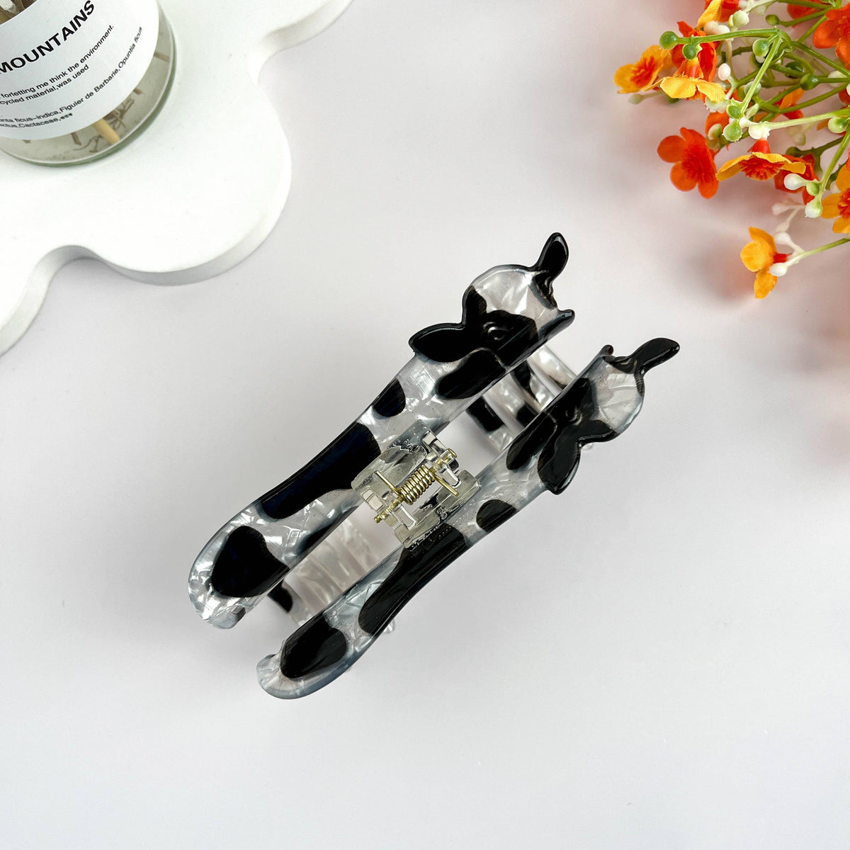 Black and White Cow Animal Hair Claw Clip: Black