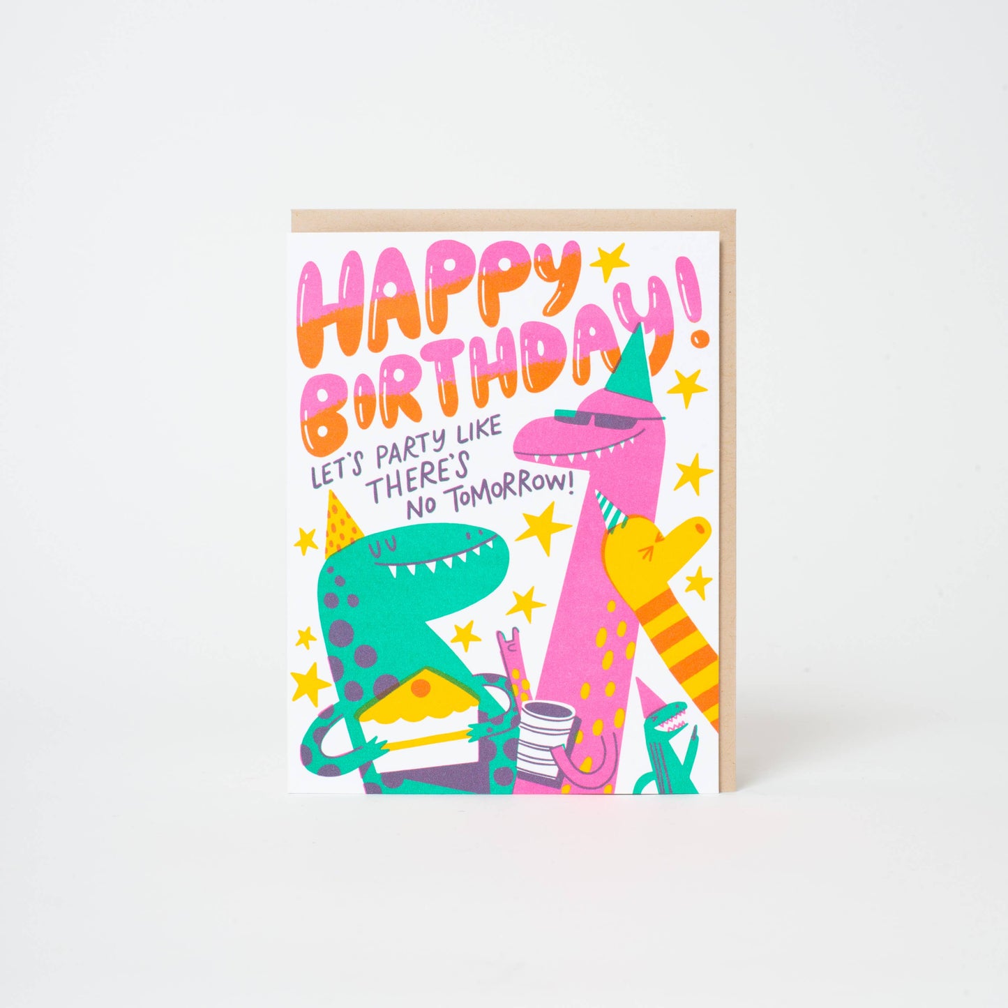 Dino Party Birthday Letterpress Greeting Card by Hello!Lucky: Plastic sleeve