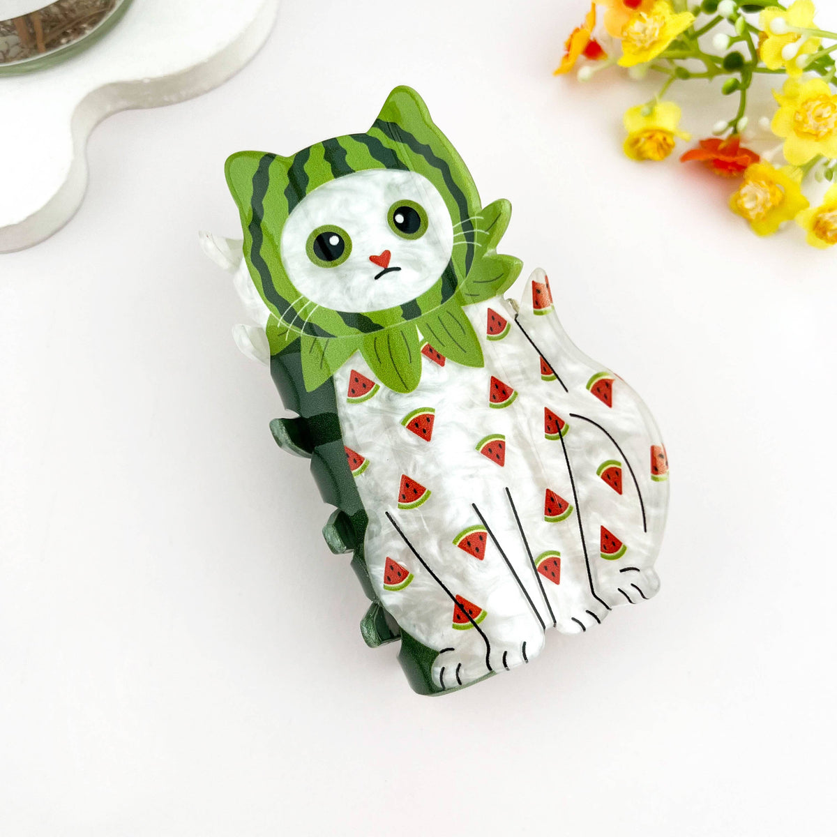 Whimsical Fruit Print Cat Acrylic Hair Claw Clip: Strawberry