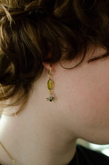Green Quartz Gemstone Hoop Dangle Earrings