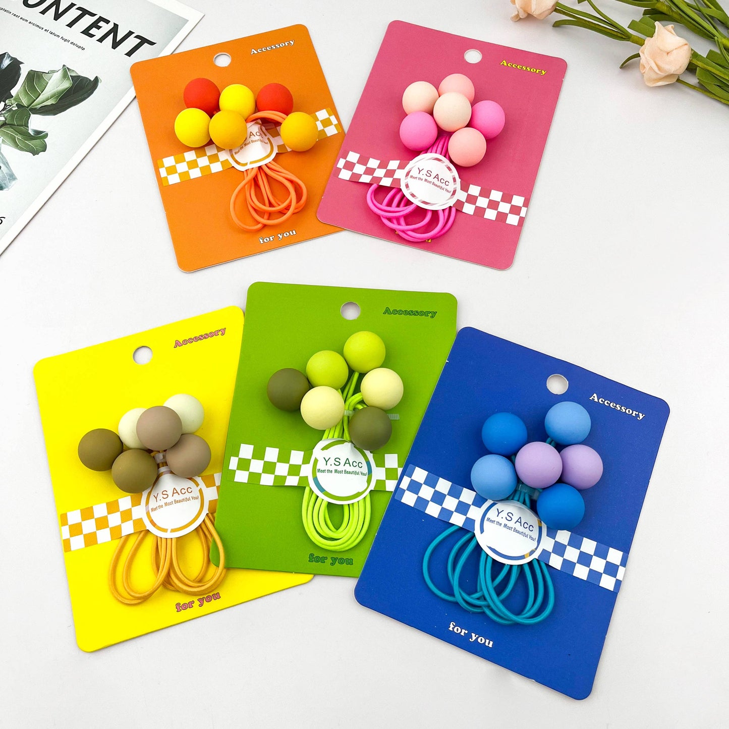 3PC Ombre Candy Ball Hair Ties Set Elastic Ponytail: Pink
