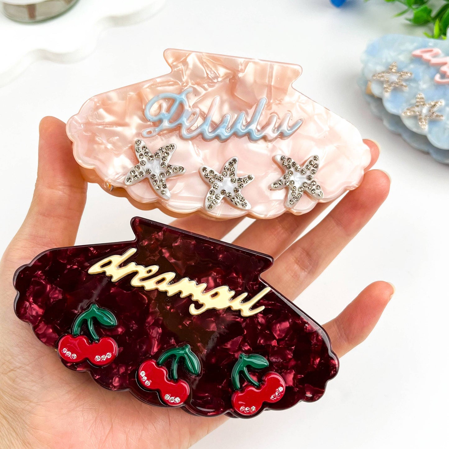 Rhinestone Starfish & Shell Acetate Hair Claw Clip: Pink