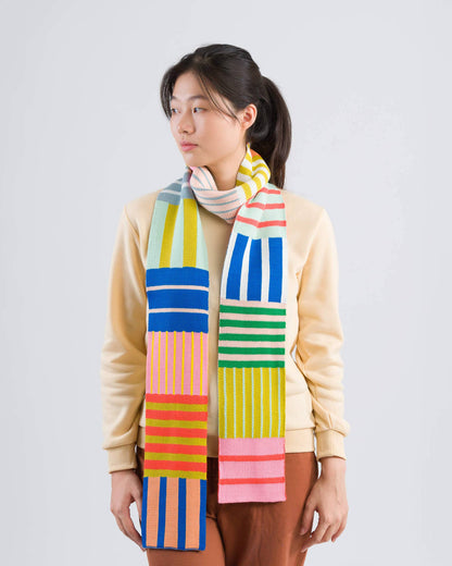 Patchwork Stripe Skinny Scarf: Rainbow