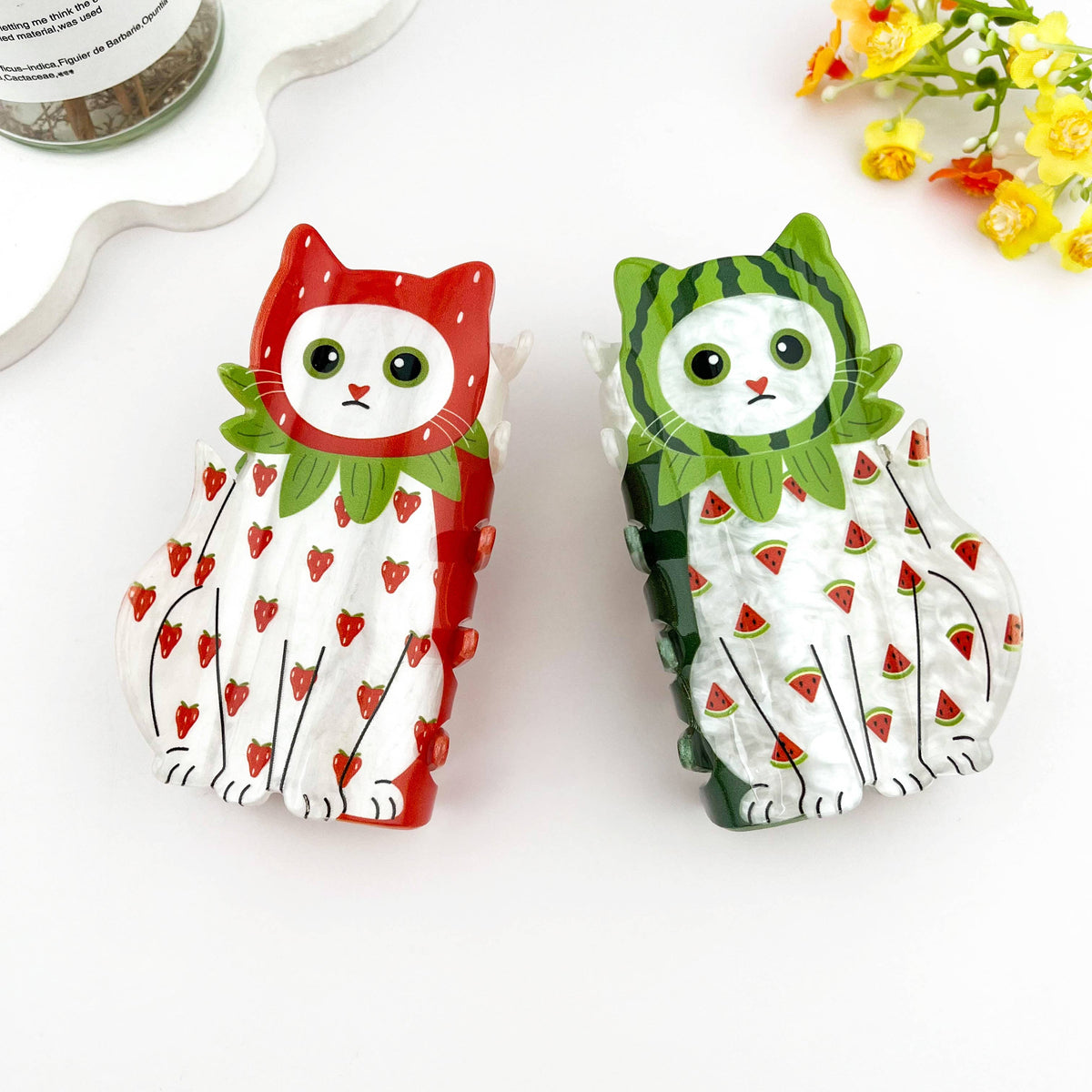 Whimsical Fruit Print Cat Acrylic Hair Claw Clip: Strawberry