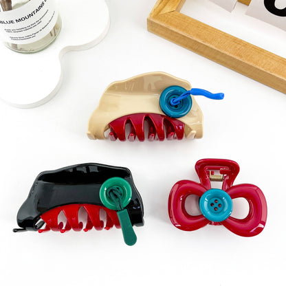 Cute Contrast Button Hair Claw Clip: Red