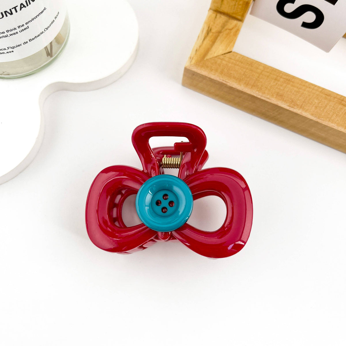 Cute Contrast Button Hair Claw Clip: Red