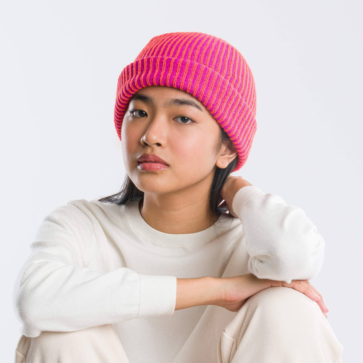 Simple Rib Knit Beanie: Teal Magenta
