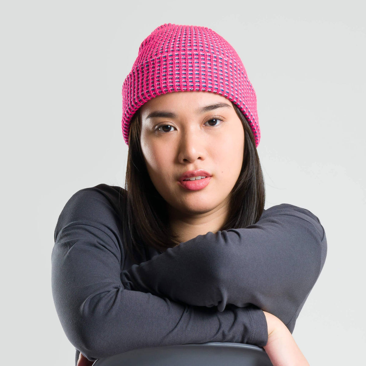 Simple Grid Knit Beanie: Stone Blue