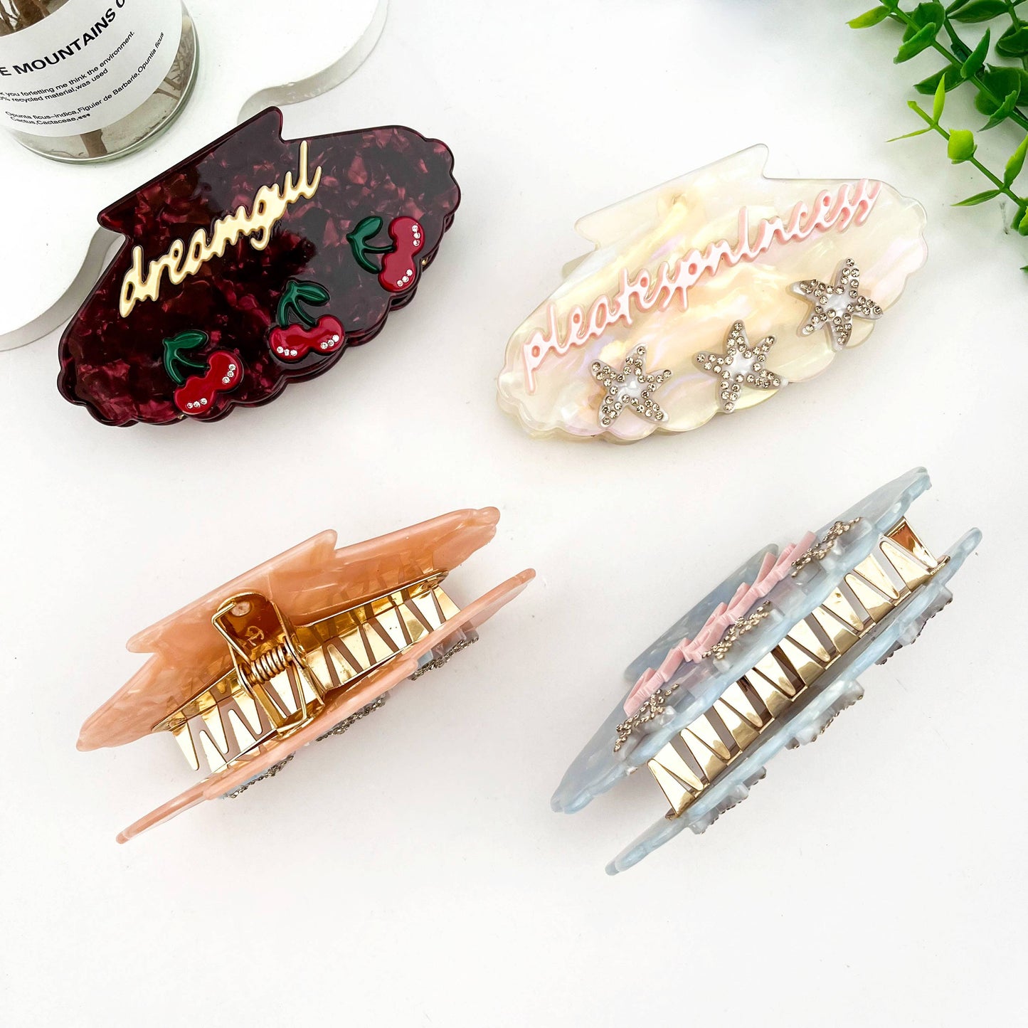 Rhinestone Starfish & Shell Acetate Hair Claw Clip: Pink