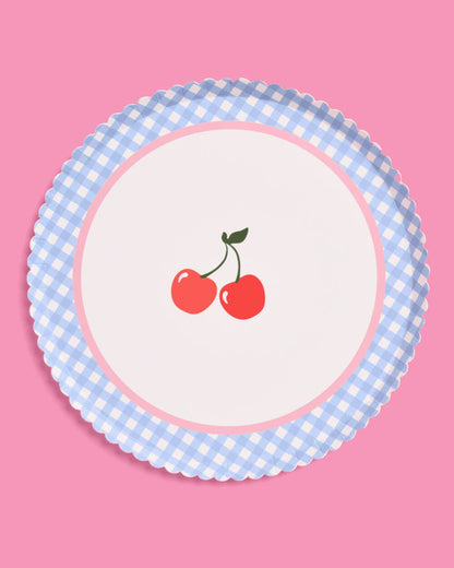 Cherry Blue Gingham Paper Plates | 24 Count Party Plates