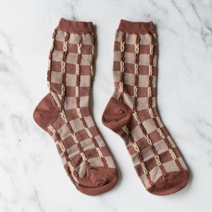 Vintage Checkerboard Twist Socks: Oatmeal