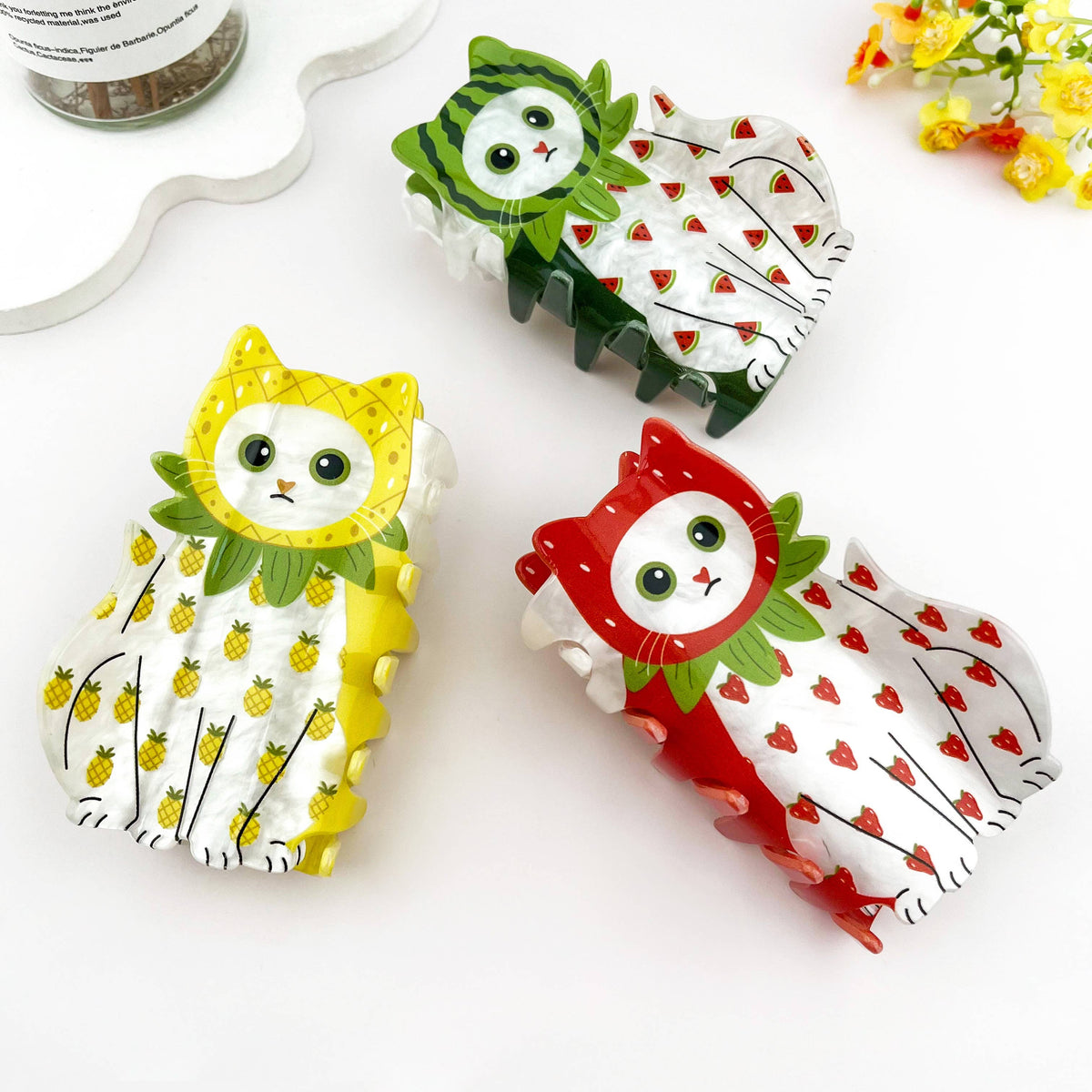 Whimsical Fruit Print Cat Acrylic Hair Claw Clip: Strawberry