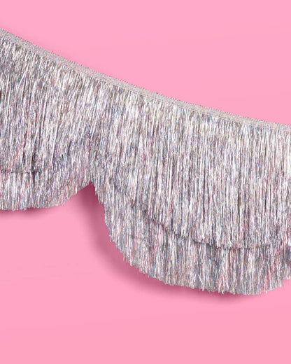 Silver Iridescent Scalloped Fringe Banner | 6 ft party decor