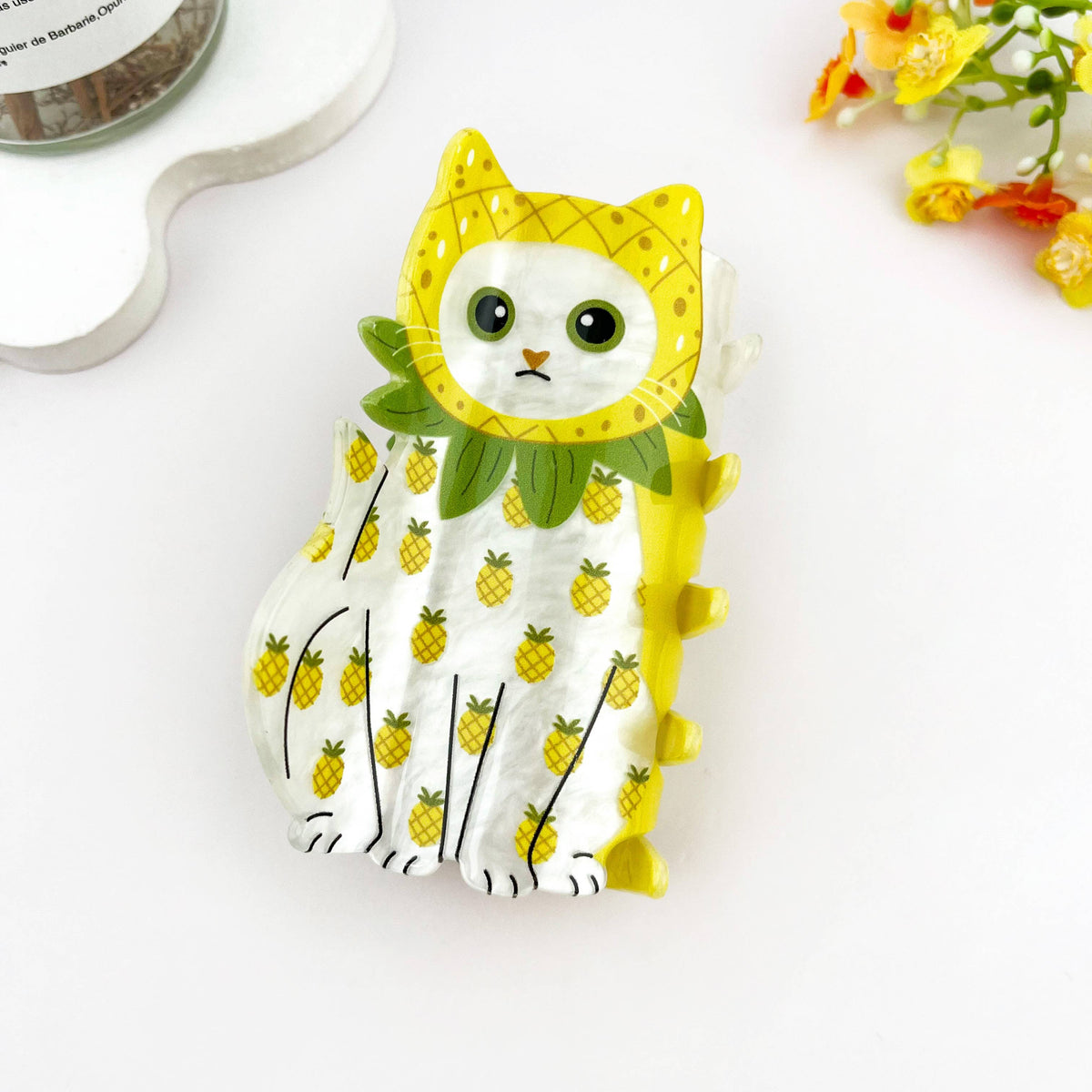 Whimsical Fruit Print Cat Acrylic Hair Claw Clip: Strawberry