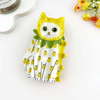 Whimsical Fruit Print Cat Acrylic Hair Claw Clip: Strawberry