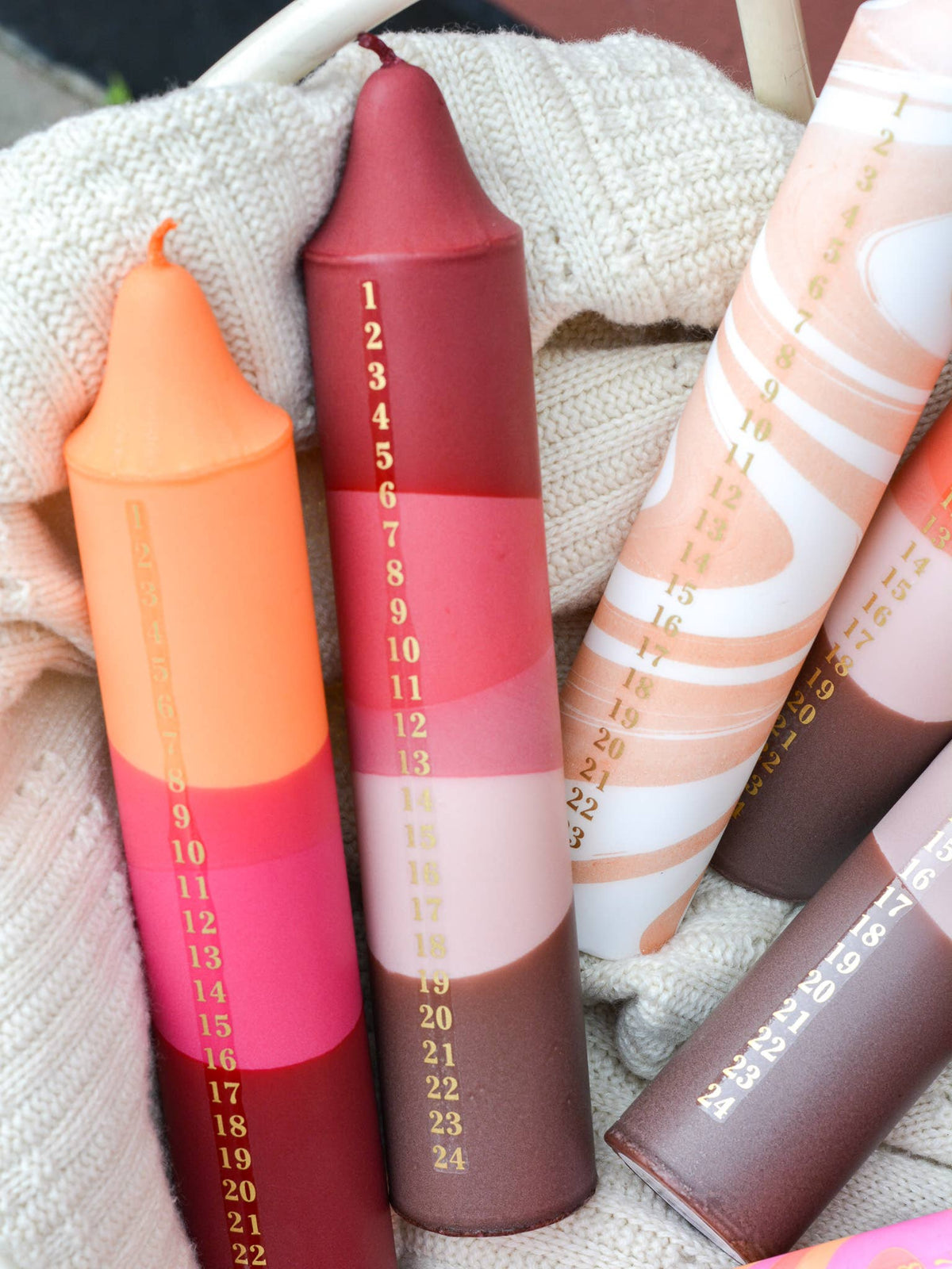 Advent Candle, Christmas Calendar, Red/Fuchsia/Beige/Brown