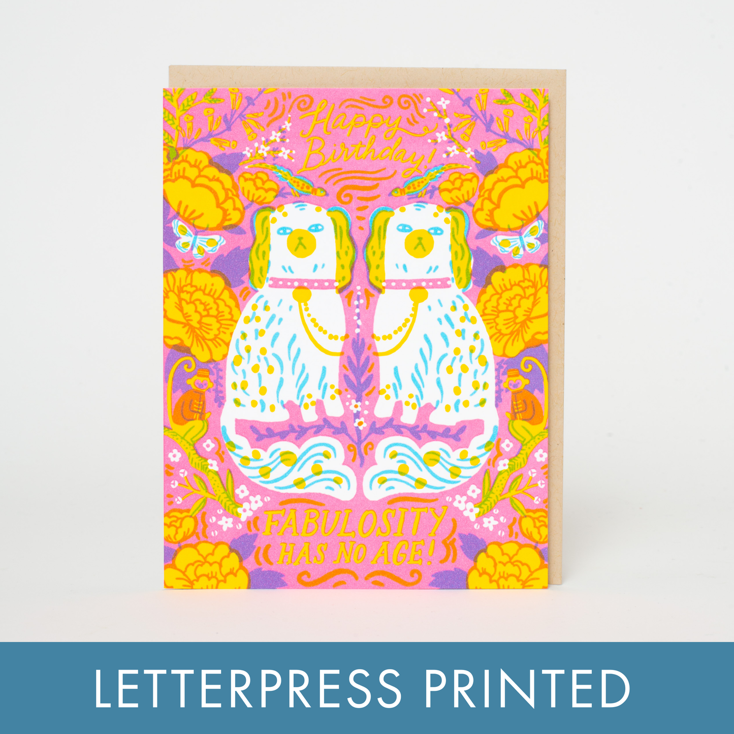 Fabulous Birthday Spaniels Letterpress Greeting Card by Hello!Lucky: Plastic sleeve