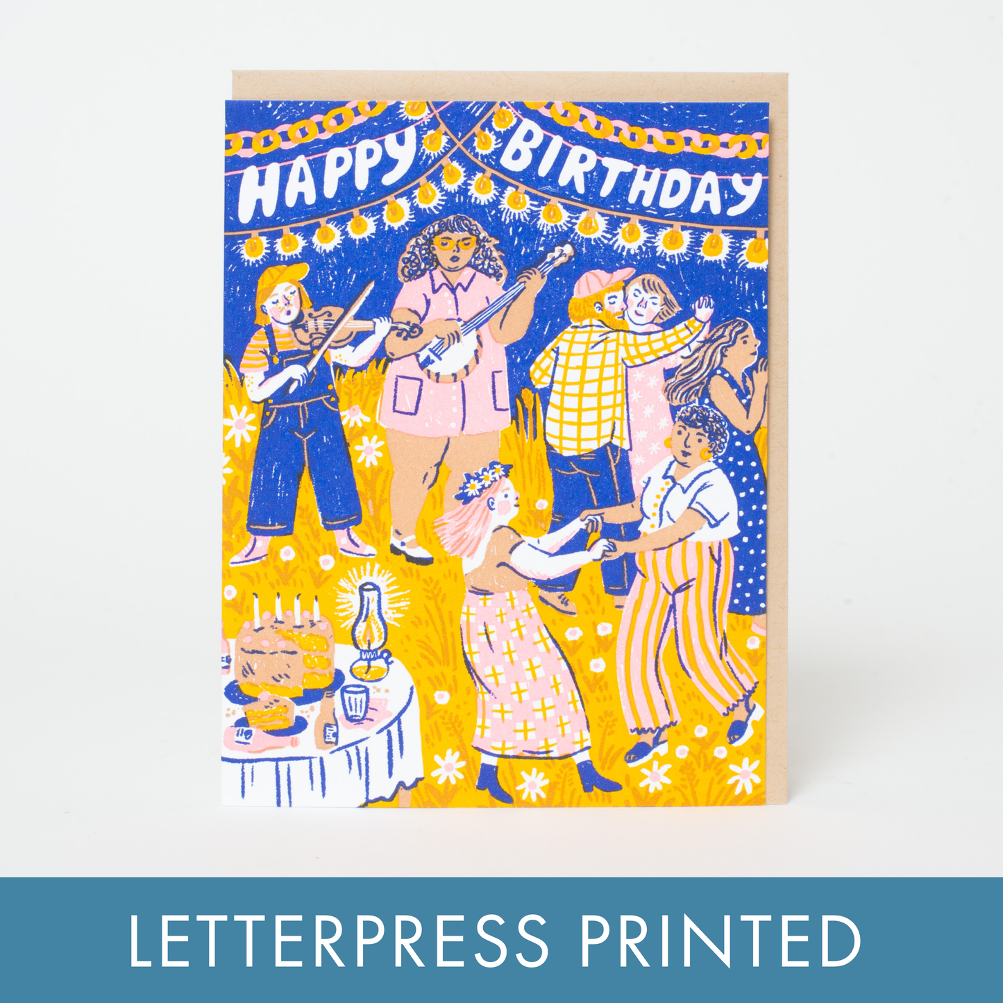 Birthday Barn Dance Letterpress Greeting Card by Phoebe Wahl: Plastic sleeve