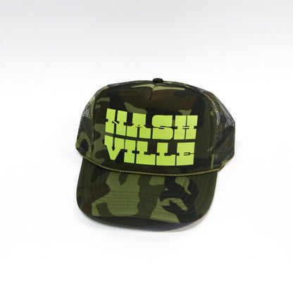 Neon Cowboy Nashville Trucker Hat: Camo / neon