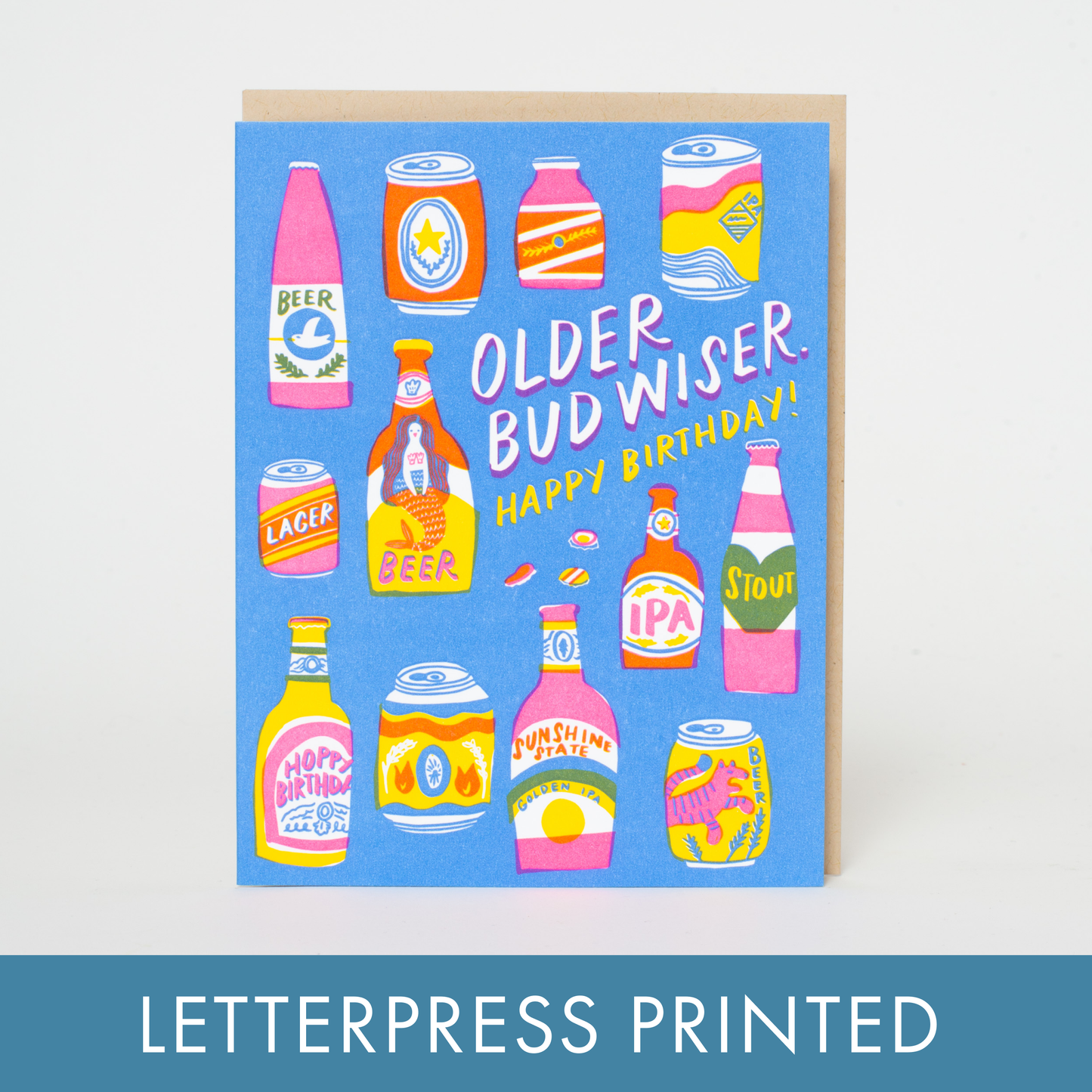 Bud Wiser Birthday Punny Letterpress Greeting Card by Hello!Lucky: Plastic sleeve