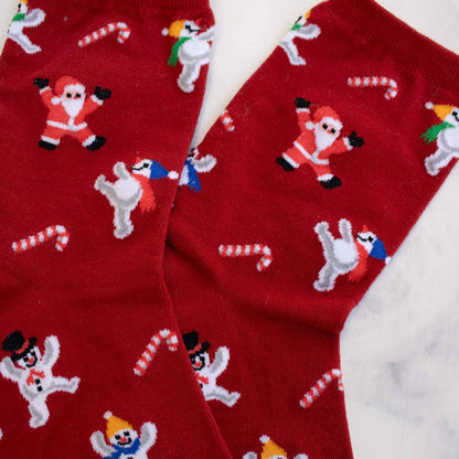Women's Christmas Santa and Snowman Socks: Red