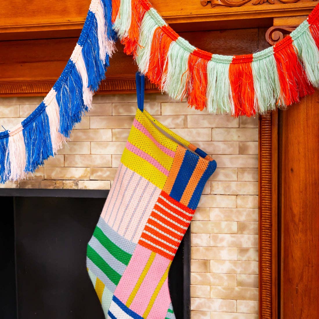 Patchwork Stripe Holiday Stocking: Rainbow