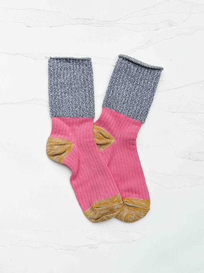 Color Block Textured Cotton Blend Crew Socks: Grey/Pink