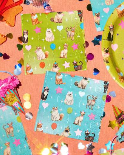 Cat Napkins 24 Pack | Birthday, Cat Party, Teal, Green