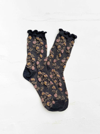 Vintage Rose Floral Cotton Blend Ruffle Socks: Charcoal