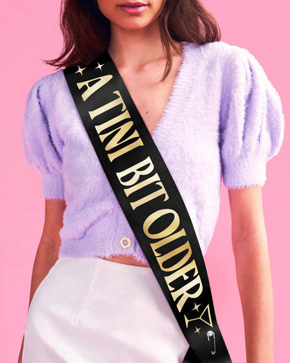 Tini Bit Older Sash - black satin sash, martini party
