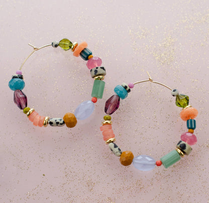 Colorful and Bright Beaded Hoops: Gold Plated
