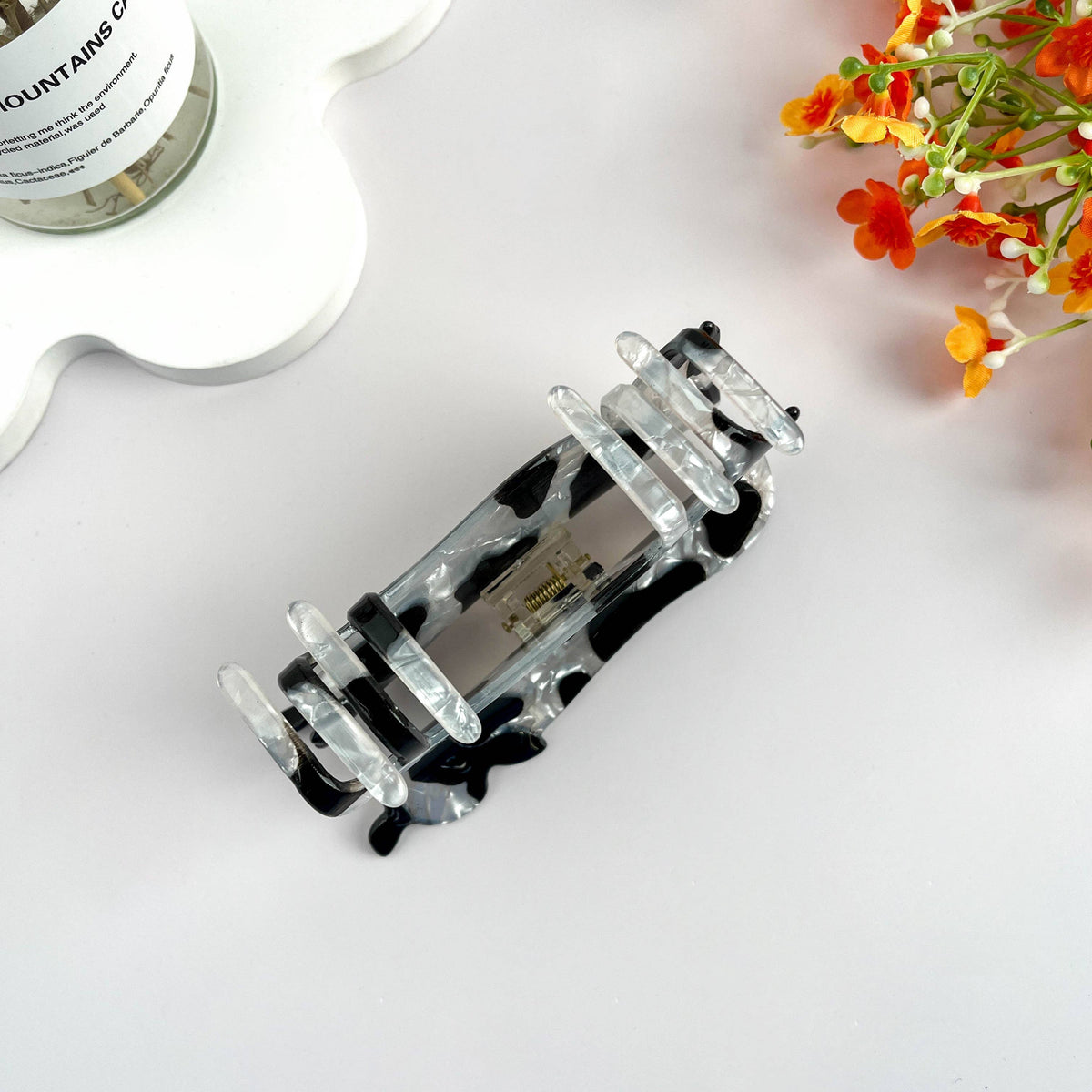 Black and White Cow Animal Hair Claw Clip: Black