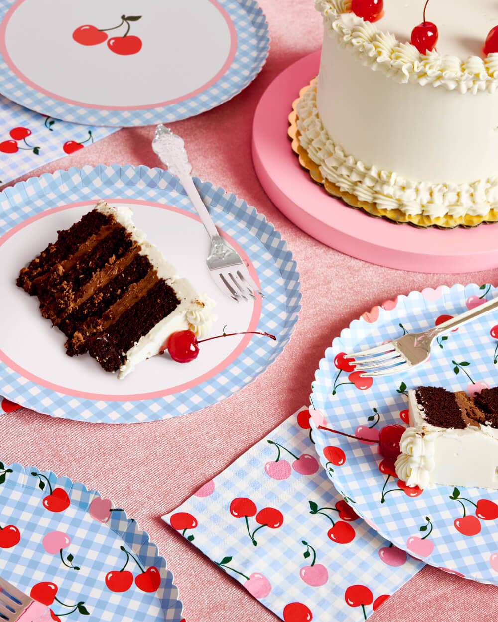 Cherry Blue Gingham Paper Plates | 24 Count Party Plates