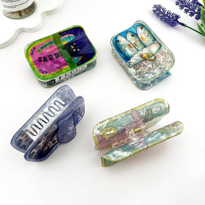 Cat Sardine Tin Print Claw Clip Cute Novelty Style: Pink