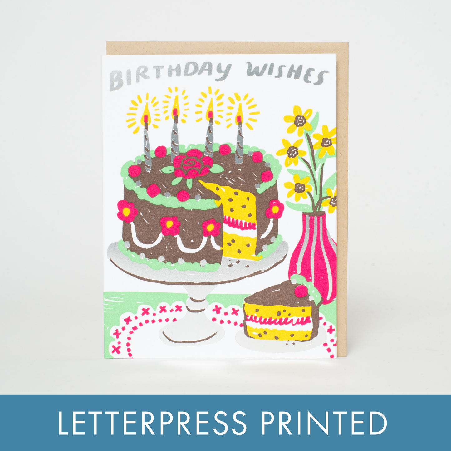 Birthday Cake Wishes Letterpress Greeting Card by Phoebe Wahl: Plastic sleeve