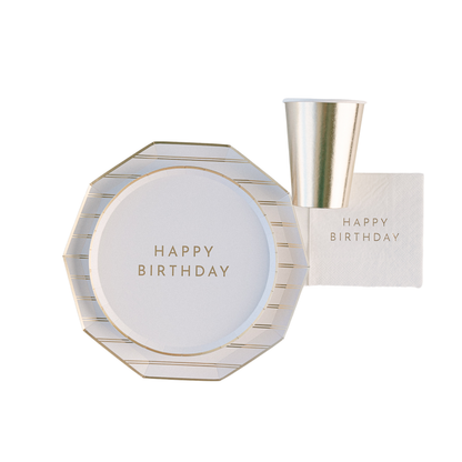 White & gold signature happy birthday cocktail napkins