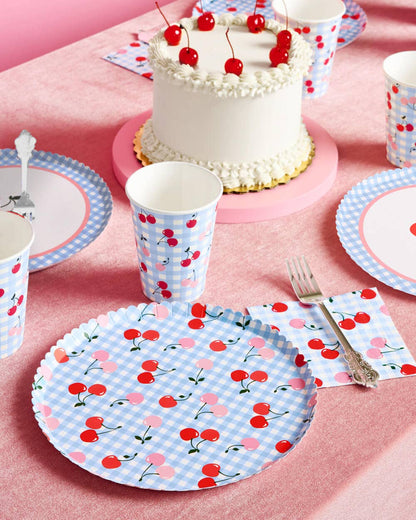 Cherry Blue Gingham Paper Plates | 24 Count Party Plates