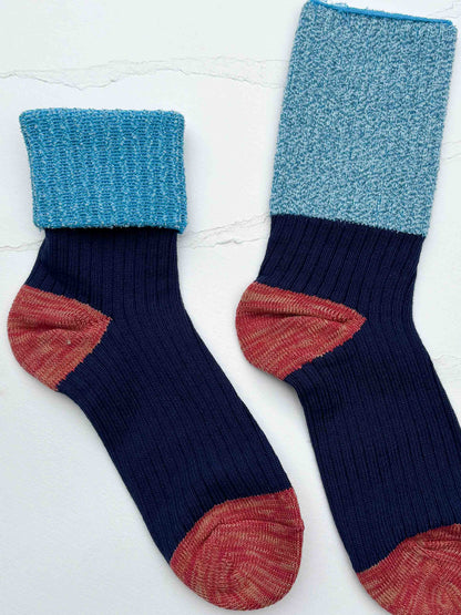Color Block Textured Cotton Blend Crew Socks: Grey/Pink