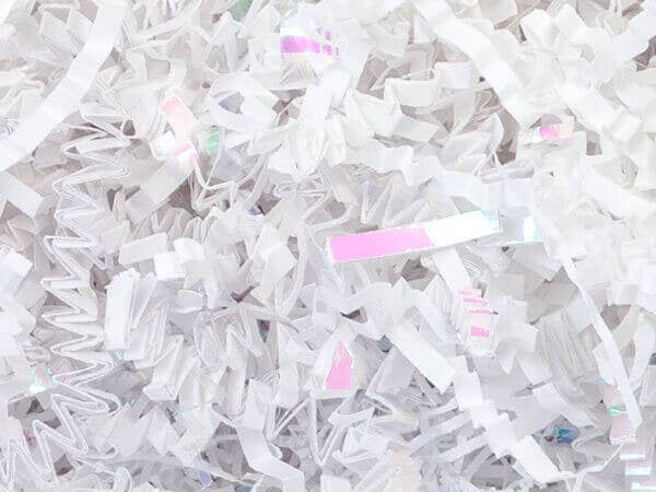 Crinkle Cut Paper Shred Small Packs: 1 Pack / 8 oz Bag / White & Iridescent