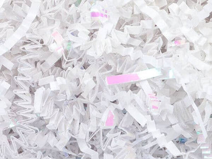 Crinkle Cut Paper Shred Small Packs: 1 Pack / 8 oz Bag / White & Iridescent